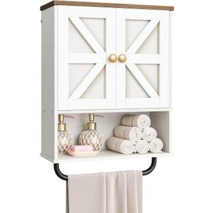 Bathroom Wall Cabinet, Medicine Cabinet with Open Partition and Towel Bar, Rustic Storage Cabinet with Open and Hidden Storage Space, for Bathroom, Living Room, Kitchen, White and Walnut (7.1"D x 18.9"W x 24.8"H)