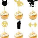 12 Pcs Fitness Cupcake Toppers- Glitter Weightlifting umbbell Cupcake Decorations for Fitness Theme Party, Birthday Party Cake Decor Supplies