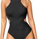 OQQ Women's One Piece Swimsuits Tummy Control High Waisted Cross Bathing Suit Wrap Tie Back 1 Piece Swimwear (Medium, Black)