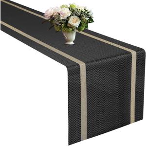 FAVE Woven Vinyl Table Runner Black Table Runner Woven with Golden Threads 120x12 Inches Heat Resistant Dining Table Mats for Wedding, Banquet, Birthday, Party, Restaurant(Black, 12"x120")