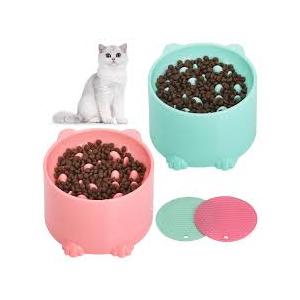 TranRantic 2 Pcs Raised Slow Feeder Cat Bowl, Plastic Elevated Cat Slow Feeder Bowl with AntiSkid Mat, Raised Slow Cat Feeder for Dry and Wet Food (Green＆Pink)