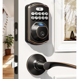 Veise Fingerprint Door Lock with 2 Lever Handles - Keyless Entry Door Lock, Electronic Keypad Deadbolt, Digital Smart Code & Front Handle Sets, Auto-Locking, Easy Installation, Oil Rubbed Bronze