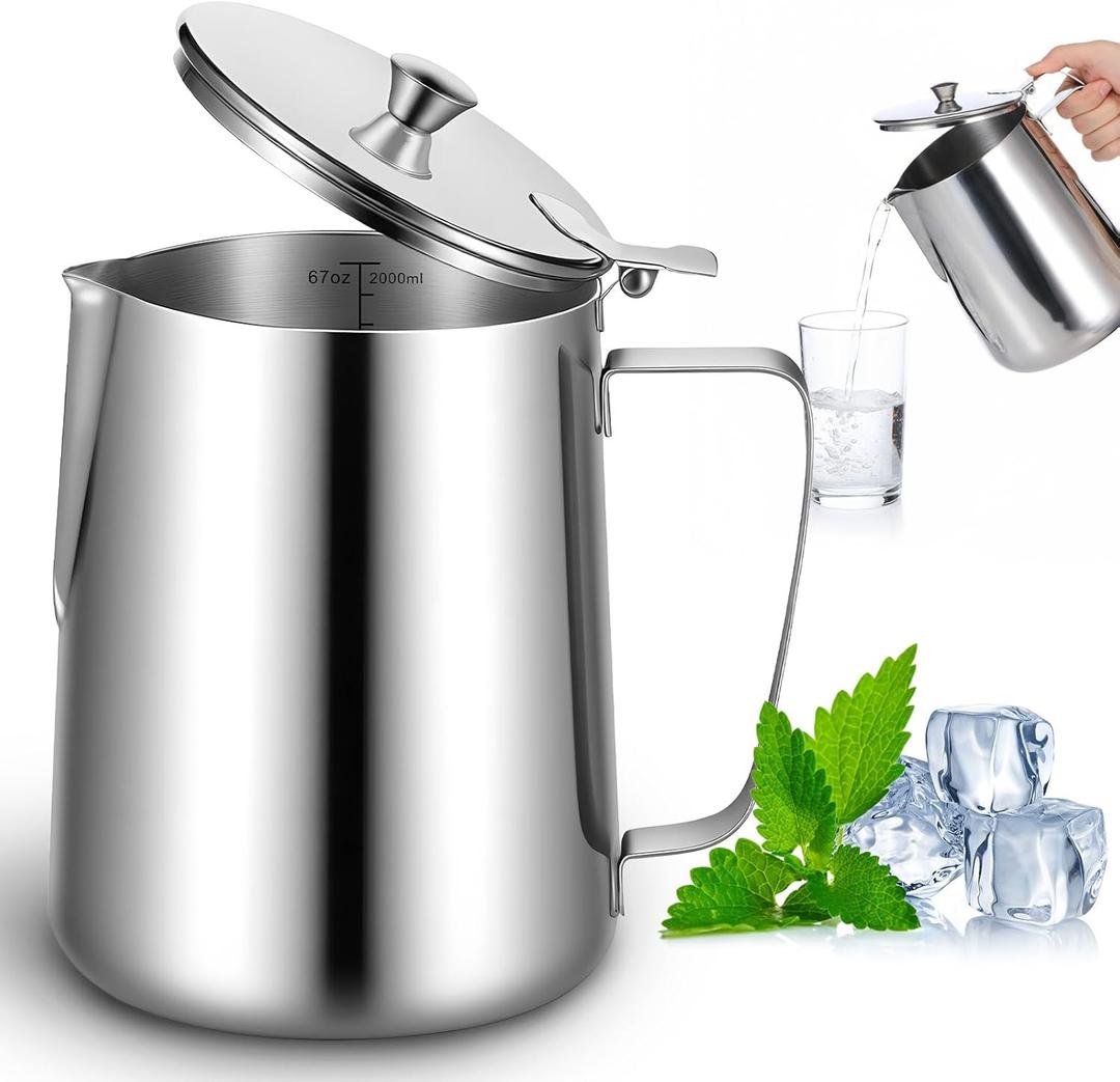67 oz 304 Stainless Steel Pitcher with Lid, 2 L Large Mouth Graduated Beakers, Large Metal Measuring Cup with Handle, Milk Frothing Jug for Latte Art, Espresso Machines, Iced Tea