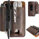 Topstache Leather Multitool Sheath with Belt Clip - Multitool Holster for Belt - EDC Belt Organizer Fits, Flashlight, Pen - Leather Pouch - Holder, Dark Brown