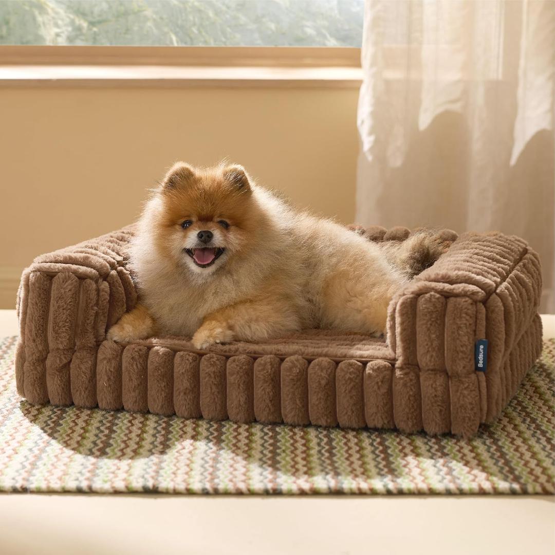 Bedsure ComfyFleece Orthopedic Dog Bed for Small Dogs, Waterproof Memory Foam Small Pet Beds with Sides, Non-Slip Bottom and Egg-Crate Foam Medium Dog Couch Sofa with Washable Corduroy Cover, Brown