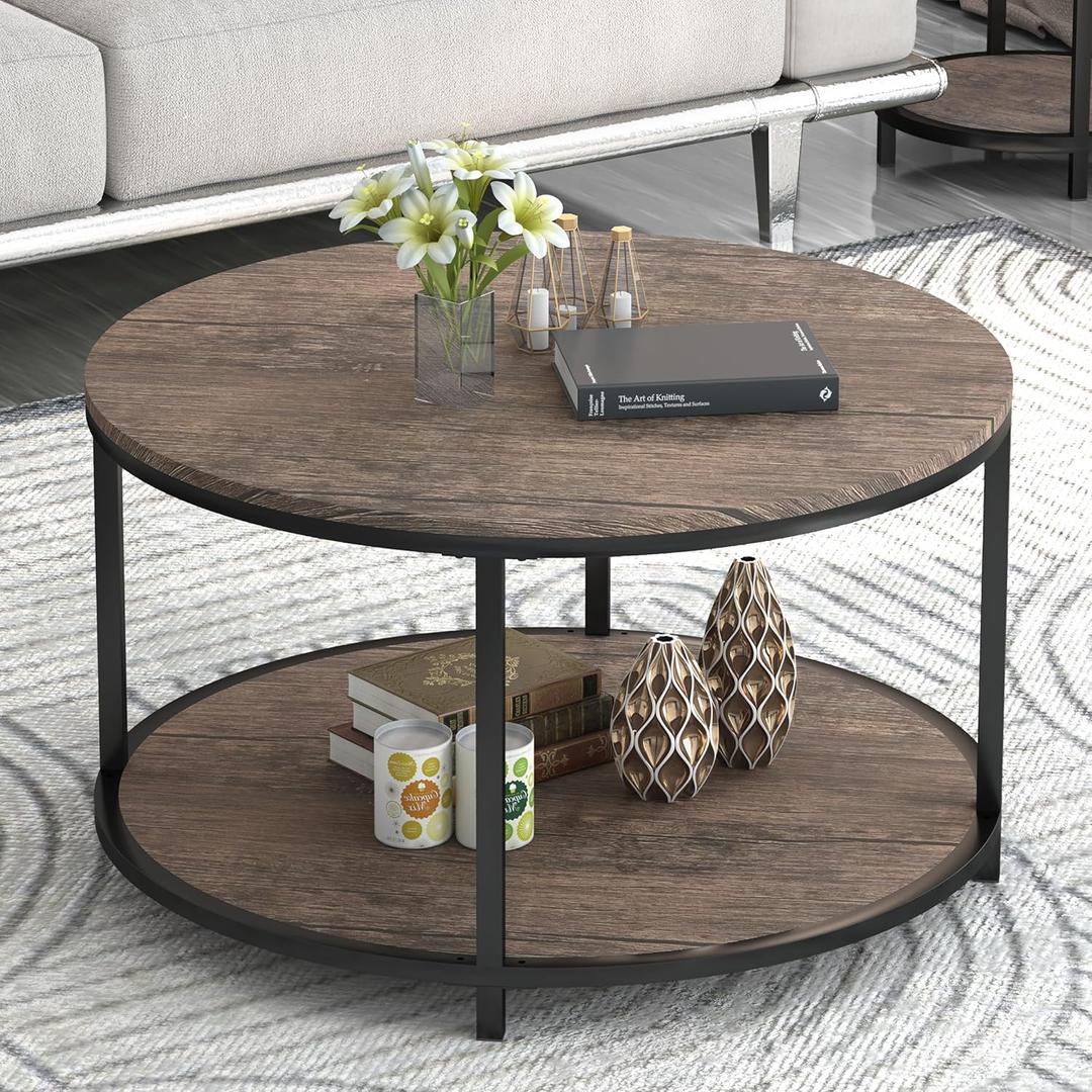 NSdirect Round Coffee Table, 27.5" Small Coffee Table for Living Room,2-Tier Rustic Wood Desktop with Storage Shelf Modern Design Home Furniture(Light Walnut) (27.6 in)