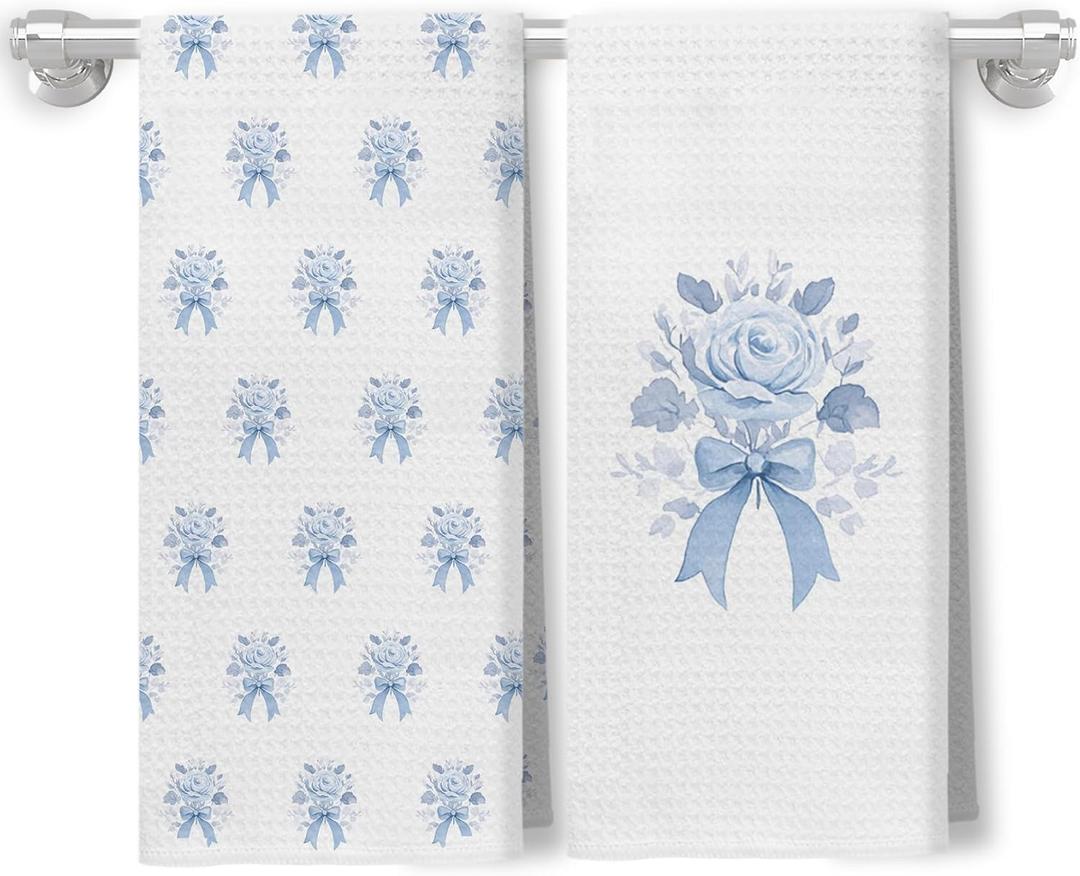 Blue Coquette Bow Floral Grandmillennial Kitchen Towels, Vintage Blue Toile French Country Flower Decorative Dish Hand Tea Towels for Bathroom Kitchen, 16x24 Inch Set of 2