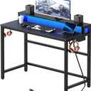 YATINEY Small Computer Desk with Charging Station and LED Lights, Gaming Desk with Monitor Stand, 2-Tier Home Office Desk with 4 Side Hooks, for Living Room, Home Office, Black DN01UDB