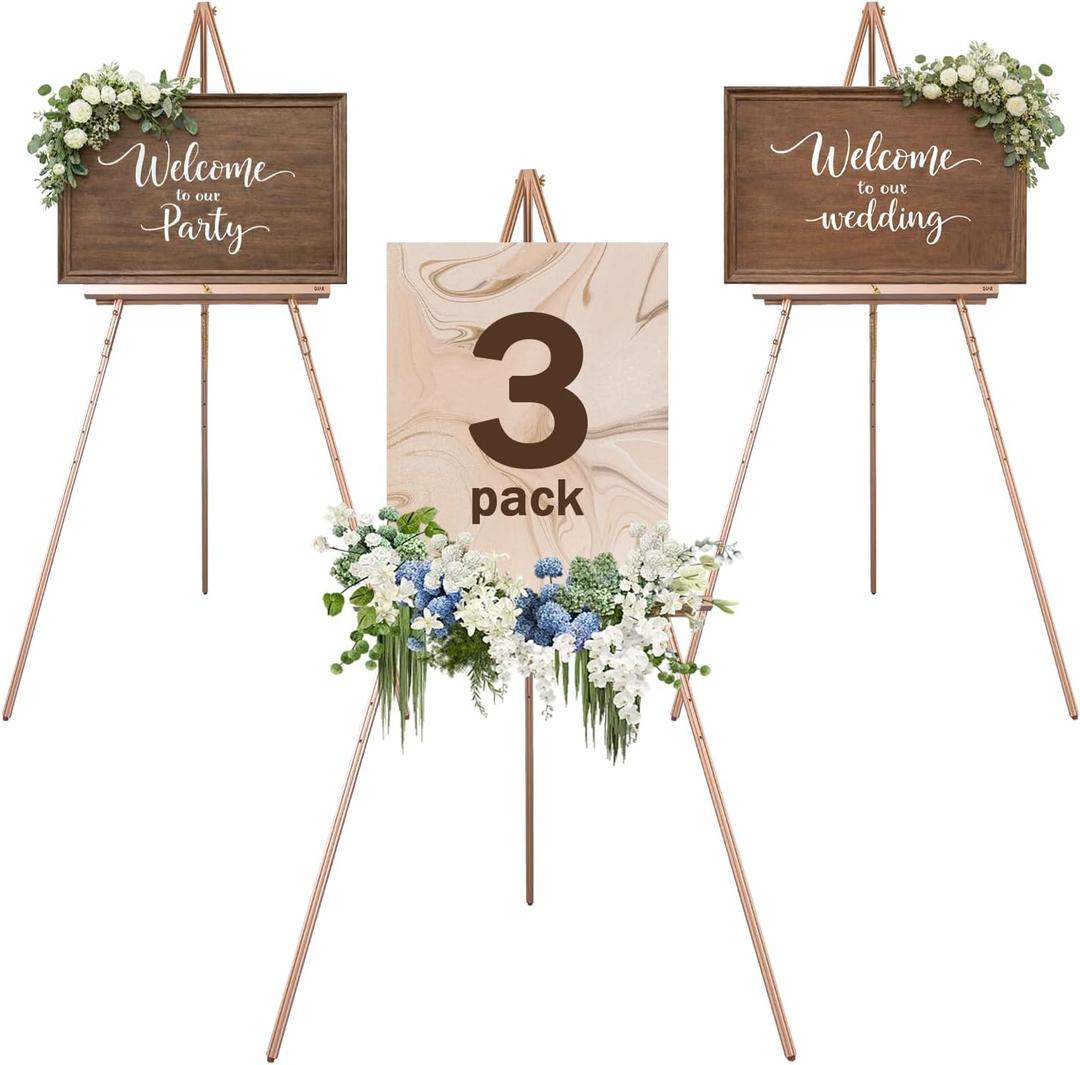 DJAR 3 Pcs 63" Wooden Easel Stand for Sign, Dual-use Adjustable Height, Wood Floor Display Easel for Wedding, Welcome Board, Poster, Picture, Photo- Rose Gold
