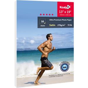 Koala Ultra Premium Photo Paper 13x19 In Satin Photo Printer Paper for Inkjet Printer Water-Resistant Semi Gloss 50 Sheets 72lb