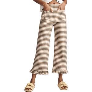 Women's Plaid Flare Pants Summer Casual Gingham Elastic Waist Ruffle Cropped Hem Y2K Loose Fit Trousers with Pockets (Brown, L)
