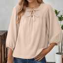 Womens Tops 3/4 Puff Sleeve Bow Tie Front Spring Easter Shirts Dressy Casual Elegant Flowy Loose Babydoll Blouses