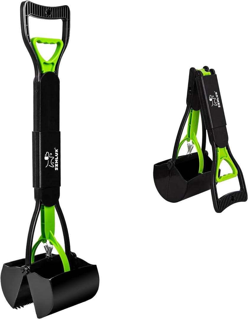 SZHLUX 28" Pooper Scooper, Foldable Dog Pooper Scooper with Unbreakable Material and Durable Spring for Grass and Gravel, Green