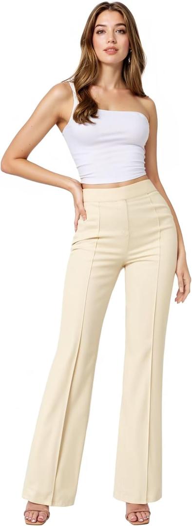 Hybrid & Company Womens Ultra Stretch Ponte Bootcut Dress Pants Sleek Pintuck, Pull On, Faux Pockets Office & Casual (L, Ivory)