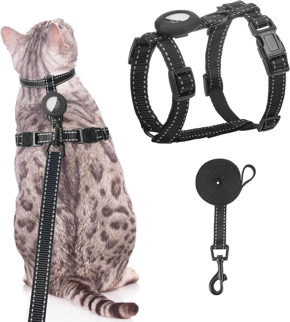 SCENEREAL Cat Harness and Leash Set Escape Proof with Airtag Holder, Reflective Pet Harnesses for Walking, Adjustable Kitty Vest Soft Harness Outdoor Indoor, Cute Travel Boys Girls Small Large Cats (Black) Chest 12.5"-18", Neck 8"-12"