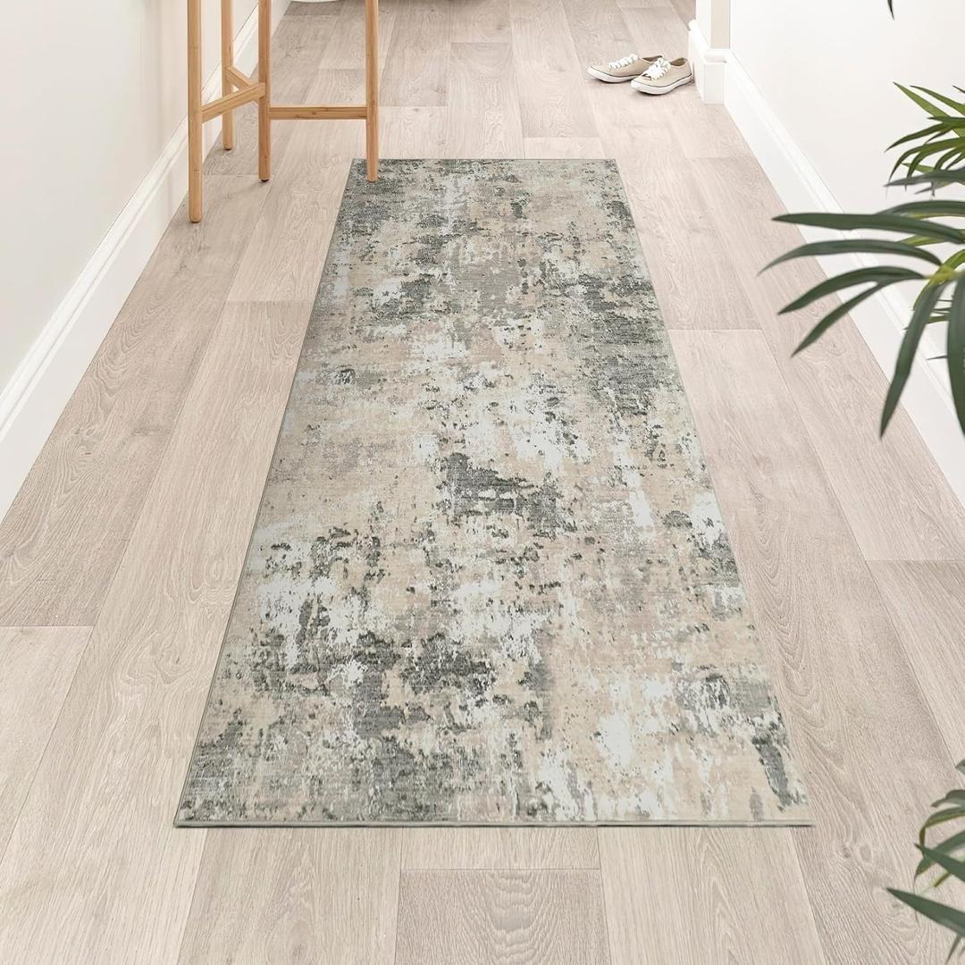 ROYHOME Modern Abstract Runner Rug 2x5 Washable Non Slip Stain Resistant Rug for Bedroom Living Room Non Shedding Low Pile Indoor Floor Cover,Grey Yellow