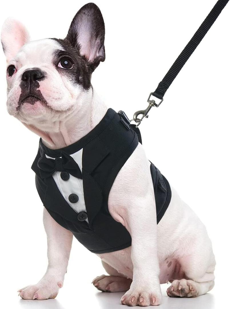 Kuoser Dog Tuxedo Harness, Adjustable Pet Harness No Pull for Small Medium Dogs, Doggie Wedding Suit with Bow Tie Party Costume (Black) XS