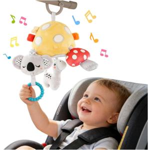 Musical Baby Pull Vibration Toy for Car Seat 6-12 Months, Travel Sensory Toy 3 Months, Montessori Plush Toys for Roadtrip with Crinkle Textures Flutter Squeaky Mirror Newborn Infant Gift