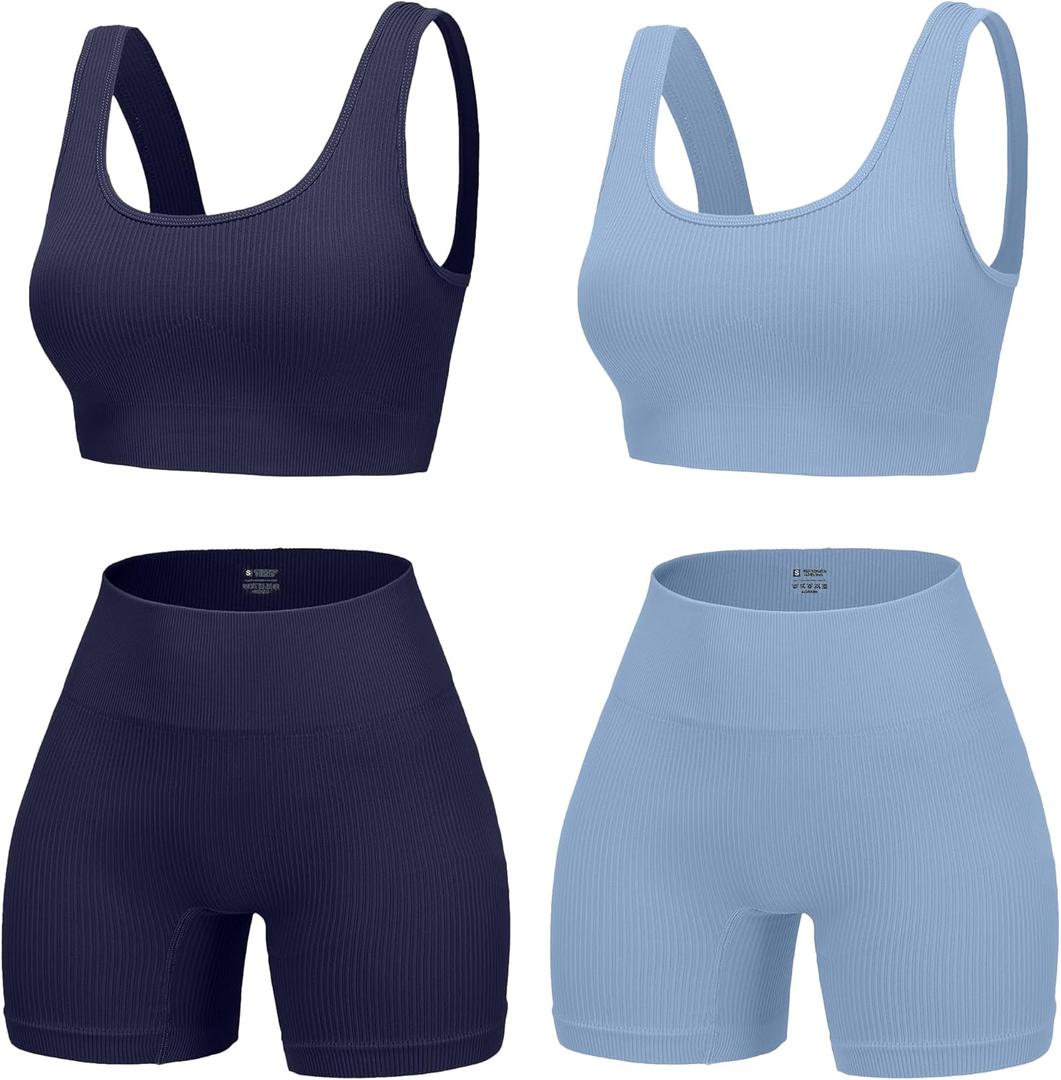 4 Piece Workout Sets for Women Seamless Ribbed High Waist Yoga shorts with Sports Bra Outfits (Medium, Navy Blue/Lake Blue)