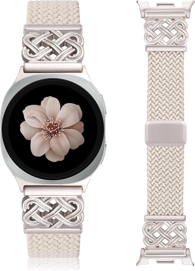 Braided Magnetic Band Compatible with Samsung Galaxy Watch 8 7 6 5 4 FE 40mm 44mm/8 6 Classic/5 Pro/4 Classic/3 41mm/Active 2 Women Men, 20mm Celtic Stretchy Elastic Dressy Nylon Strap, No for Ultra (Starlight/Starlight)