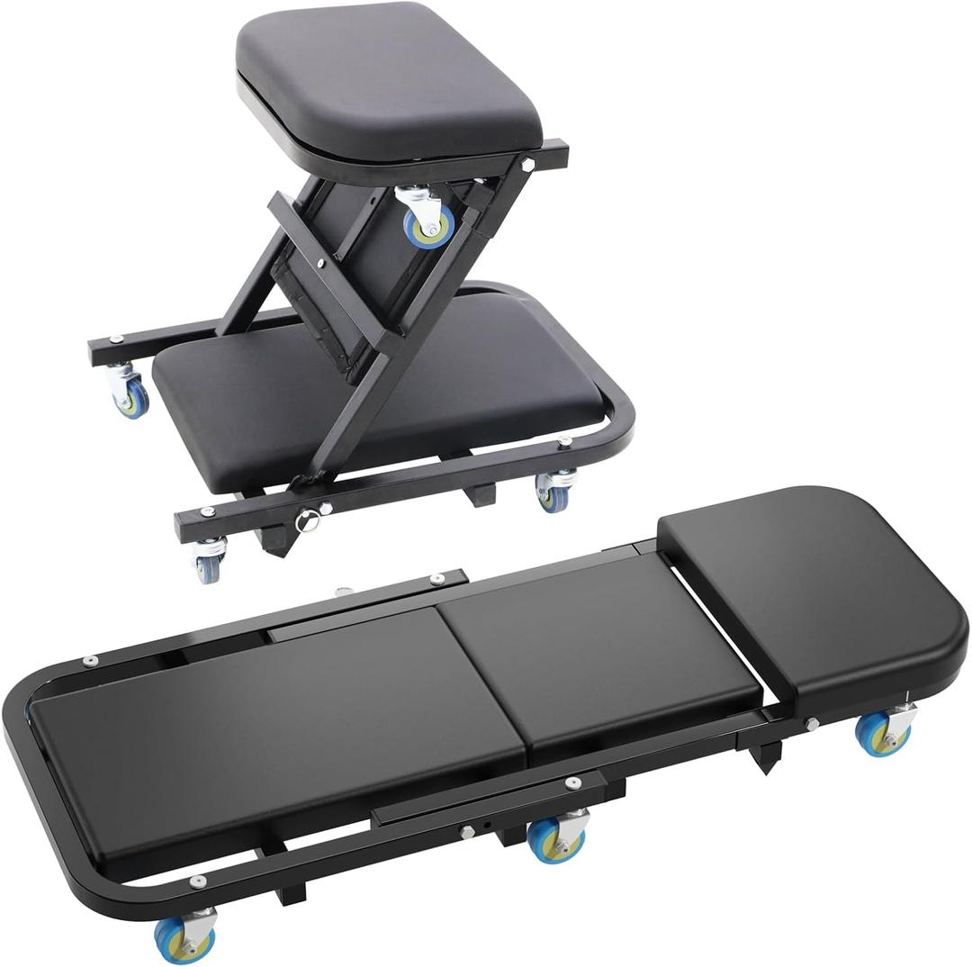 POLARBEAR Mechanic Creeper 40" Z Creeper Seat, 2 in 1 Rolling Folding Car Stool, Automotive Chair with 6 Mute Swivel Casters, Under Car Auto Repair for Man Gift 500 lbs Capacity Black