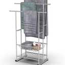 40" Tall Freestanding Towel Rack for Bathroom, 3 Tier Floor Towel Racks with Storage Basket and Shelf, Poolside Drying Rack for Large Bath Towel - Silver