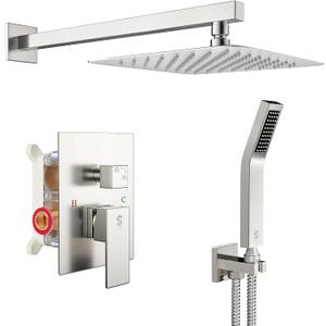 SR SUN RISE Shower Faucet Set Bathroom Square Rain Shower Head with Handheld Spray Wall Mounted Rainfall Shower Fixtures Brushed Nickel Shower Faucet Trim Repair Kits (Contain Shower Valve), 10 Inches (10 Inch, Brushed Nickel)