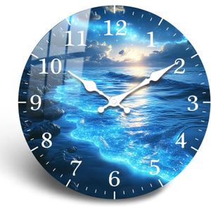 Coastal Wall Clock Battery Operated 10 Inch Beach Wooden Wall Clocks Silent Non Ticking Round Analog Clock for Bedroom Office Bedroom Kitchen Decor (Blue Ocean)