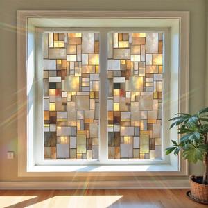 Stained Glass Style Window Film 17.3  39.4 Inch Gold and Amber Geometric Decorative Privacy Static Cling Glass Cover for Home Office Bathroom Living Room Door Window Decor (Colorful Window#07)