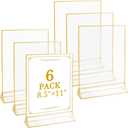Floroom 6 Pack 8.5x11 Inch Clear Acrylic Sign Holders, Double-Sided Gold Display Stand Picture Frames for Table Numbers, Menus, Flyers, Weddings, and Offices