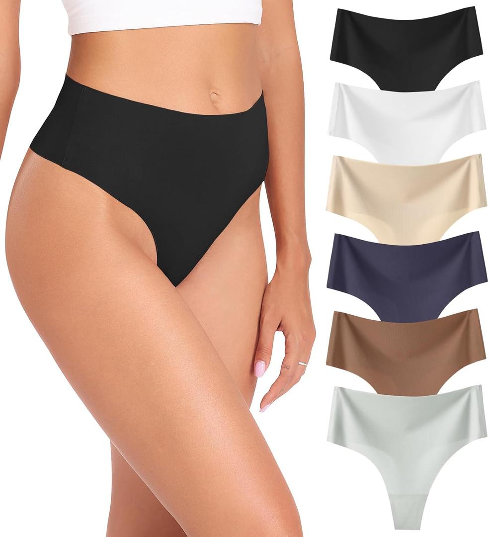 Wealurre Women's Underwear High Waisted Seamless Thongs for Women Breathable No Show Panties for Ladies 6 Pack (Small)