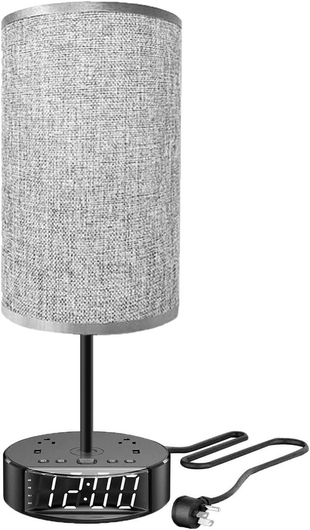 Touch Control Nightstand Light Bedside Table Lamp with USB C Charging Ports Alarm Clock 3 Way Dimmable Lamp for Bedroom Living Room Home Thanksgiving and Christmas Gifts (Gray)