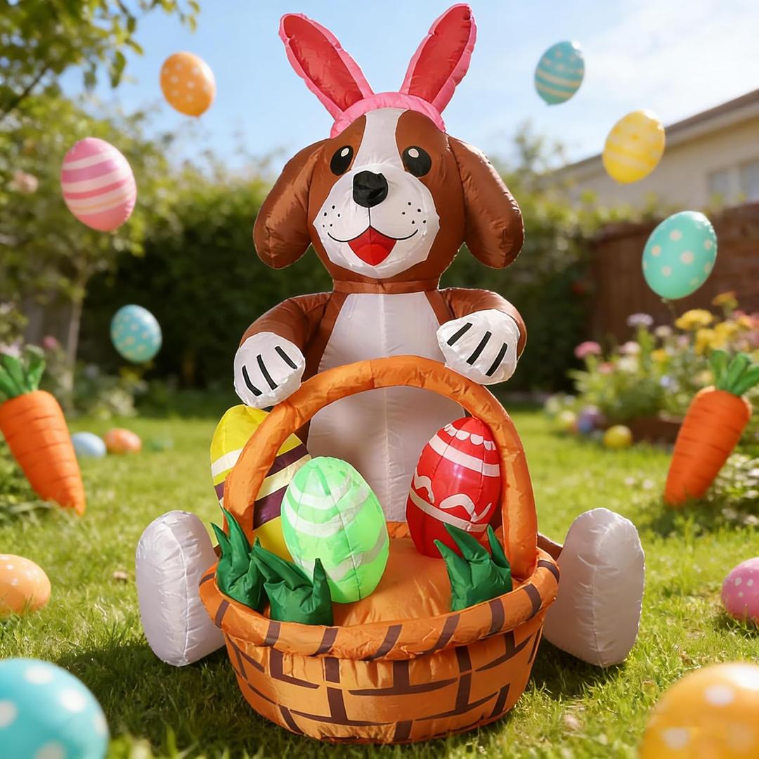IRETG 5Ft Easter Inflatable Dog Decoration, Brown Puppy with Bunny Ears & Egg Basket, Built-in LED Lights, Waterproof 210T Polyester Blow Up Yard Decor for Outdoor Indoor Easter Egg Hunt Party