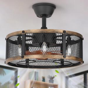19" Farmhouse Caged Ceiling Fan with Light, 6-Lights, Rustic Ceiling Fans with Lights and Remote, Bladeless Ceiling Fan with Light for Kitchen, Living Room