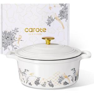 CAROTE 5QT Cast Iron Dutch Oven Pot with Lid, Enameled Floral Dutch Ovens with Gift Box, Cast Iron Pot for Sourdough Bread Baking, Braising, Stews, Roasting, Dual Handles, Healthy & Non-Toxic, All Stovetop Compatible, Oven Safe up to 500 F, White