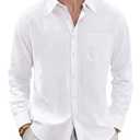 J.VER Men's Long Sleeve Cotton Linen Button Down Shirts Casual Beach Wedding Shirt with Pocket White Small