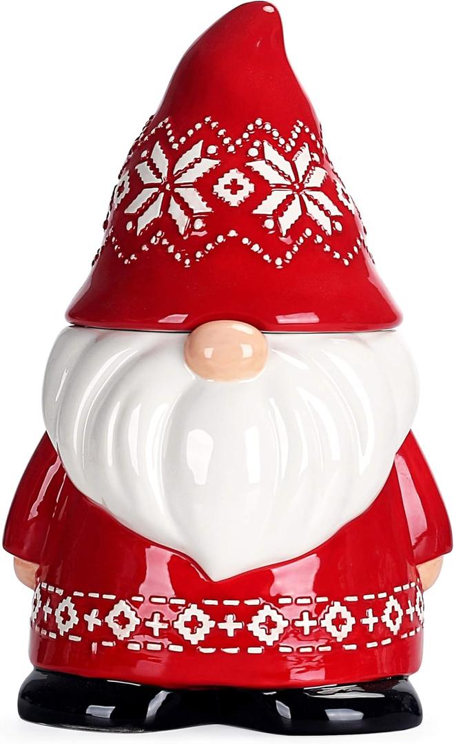 Bico Red Christmas Gnome 11 inch Air Tight Cookie Jar, Handpainted, Dishwasher Safe, Holiday Accent for Kitchen Counter