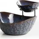 Fruit Bowl for Kitchen Counter, 2 Tiered Oval Bowls with Metal Stand Porcelain Tiered Fruit Basket for Party Tiered Serving Stand for Fruit, Salad, Candy, Snacks, Blue (Large+Small)