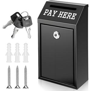 Money Drop Box, 10.2 X 5.7 X 2.8 Inch Black Metal Donation Box with Lock and Slot Wall Mount Pre Drilled Safe Suggestion Boxes Safe Cash Boxes for Farmstand Sales Home Office and Business