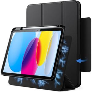 JETech Magnetic Detachable Case for iPad (A16) 11th/10th Generation (2025/2022) with Pencil Holder, Removable Rotating Clear Cover, Portrait/Landscape Stand with Raised Screen View (Black)