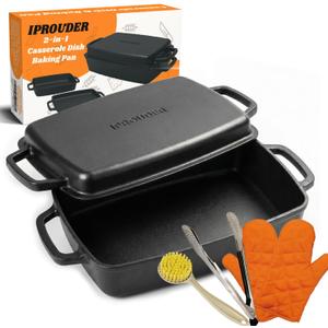 2-in-1 Pre-Seasoned Cast Iron Casserole Dish with Lid, Rectangular Dutch Oven, Cast Iron Baking Pan&Baking Dish for Lasagna, Sourdough Bread, 13"x9"