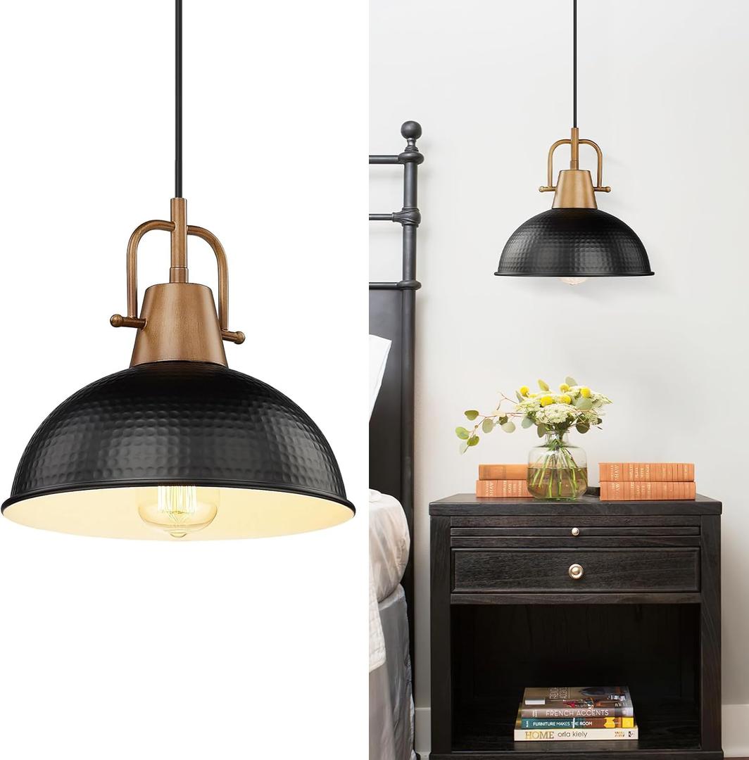 Emliviar 10.2 Inch 1-Light Farmhouse Pendant Light, Modern Pendant Lighting for Kitchen Island, Hammered Metal Dome Shade in Black Finish, GE269MIL BK+WD (Medium)