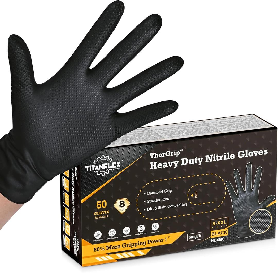 TitanFlex Heavy Duty Black Industrial Nitrile Gloves with Raised Diamond Texture, Latex Free (M, 8mil)