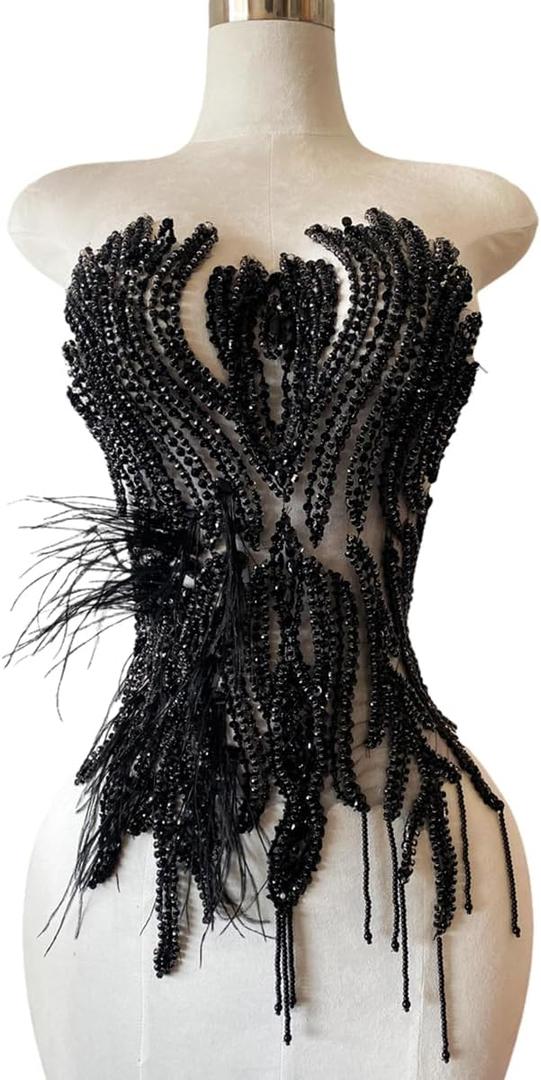 Hand Made Smart Beads Tassels Fluttering Feathers Hand-Stitched Shiny Rhinestones Bodice Applique Dress DIY Accessories Patches (Black), 11.4x21.6 inches