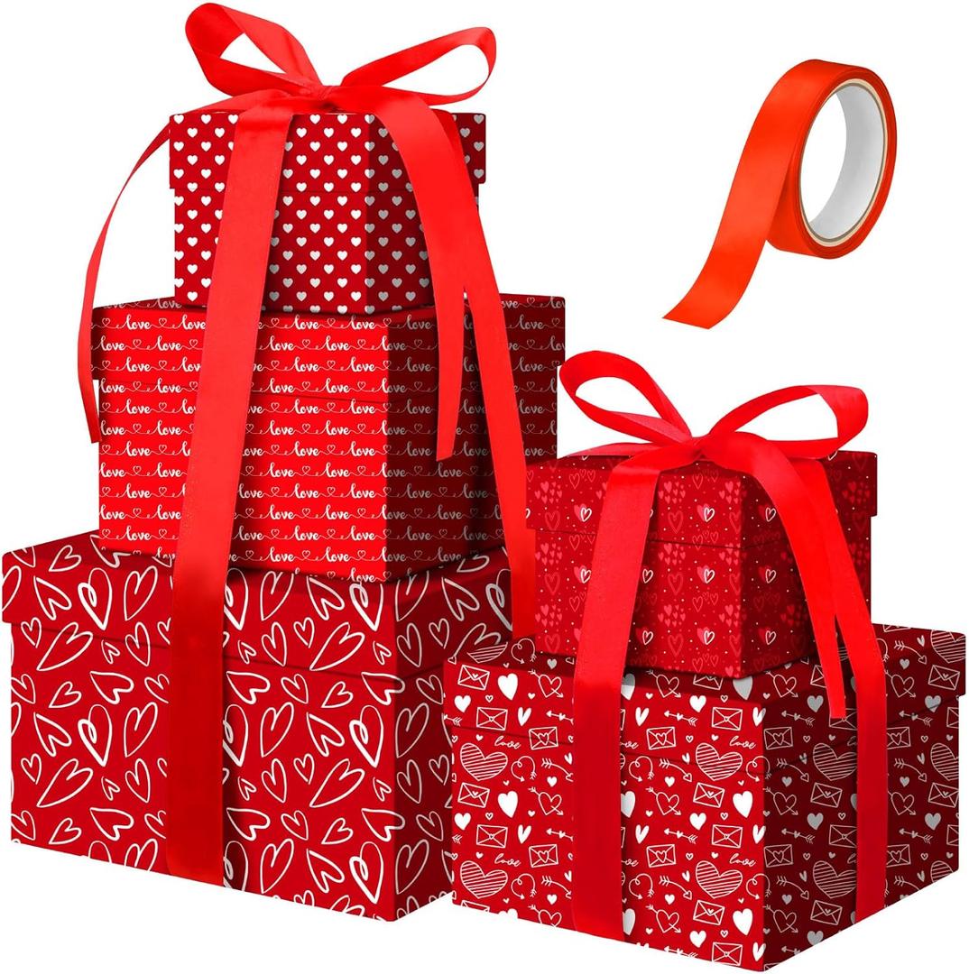 Geyoga 5 Pcs Valentine's Day Gift Boxes Square Nesting Boxes with Lids Square Box 5 Assorted Sizes Stackable Gift Box for Valentine's Day Wedding Party Present Packaging(Red Heart)