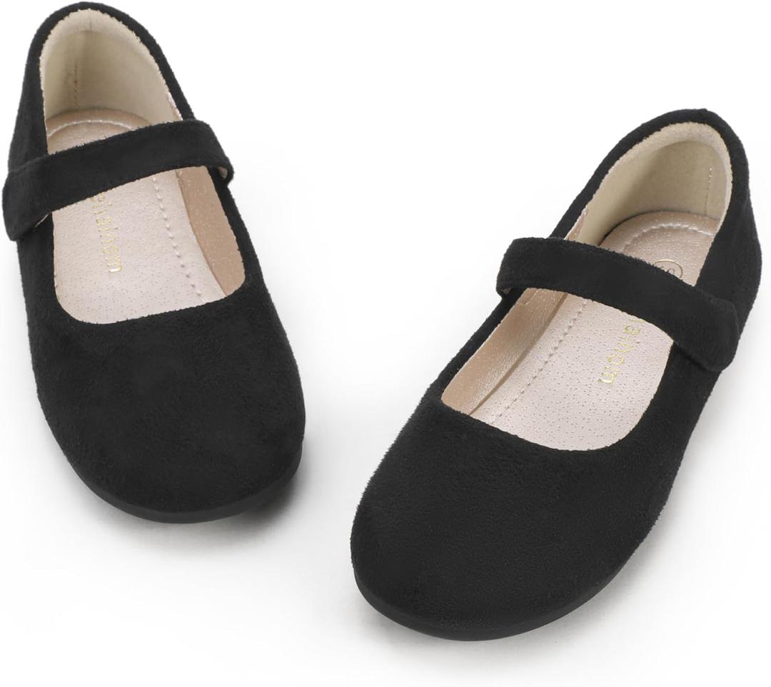 Hehainom Toddler Girls Flats Mary Jane Flower Girl Dress Shoes School Wedding Party Shoes(Black Suede 1 M US Little Kid)
