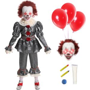 Kids Clown Costume, Boys Girls Clown Costumes with Light-Up Mask Balloons Makeup Kit for RolePlay Party-M