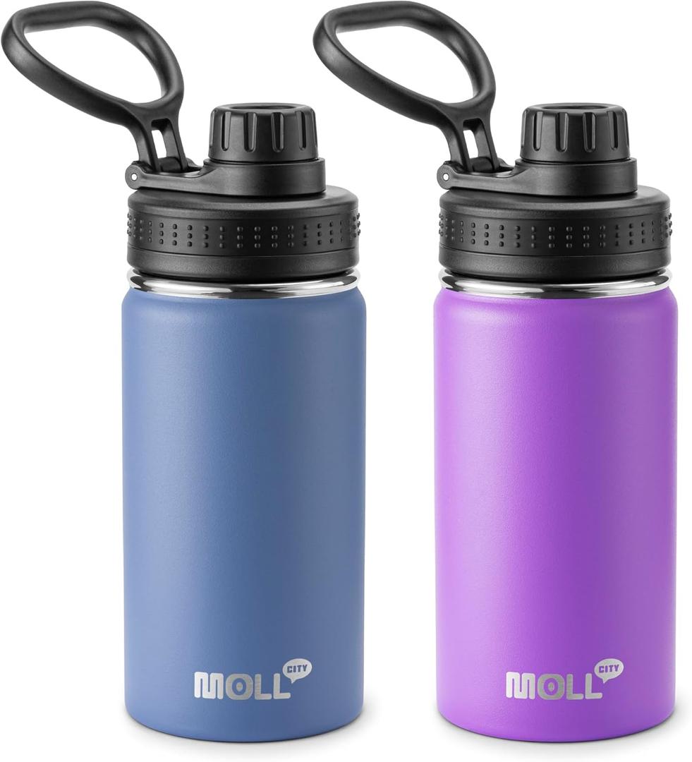 Kids Water Bottle 2 Pack 12 oz Stainless Steel Vacuum Insulated Water Bottle Wide Mouth Sports Flask with Leakproof Spout Lid (Royal Blue-Purple)