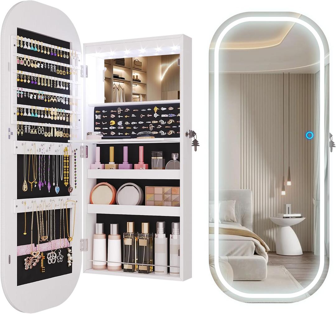 LVSOMT LED Lights Mirror Jewelry Cabinet, Wall Mount/Over the Door Jewelry Armoire Organizer, 42" Full Length Mirror with Storage, Built-in Makeup Mirror, Lockable Mirror Cabinet for Jewelry, White