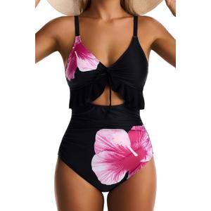 Women One Piece Swimsuit Tummy Control Ruffle Bathing Suit Cutout V Neck Swim Suit Ruched Slimming Swimwear (M, Orange Floral Print)